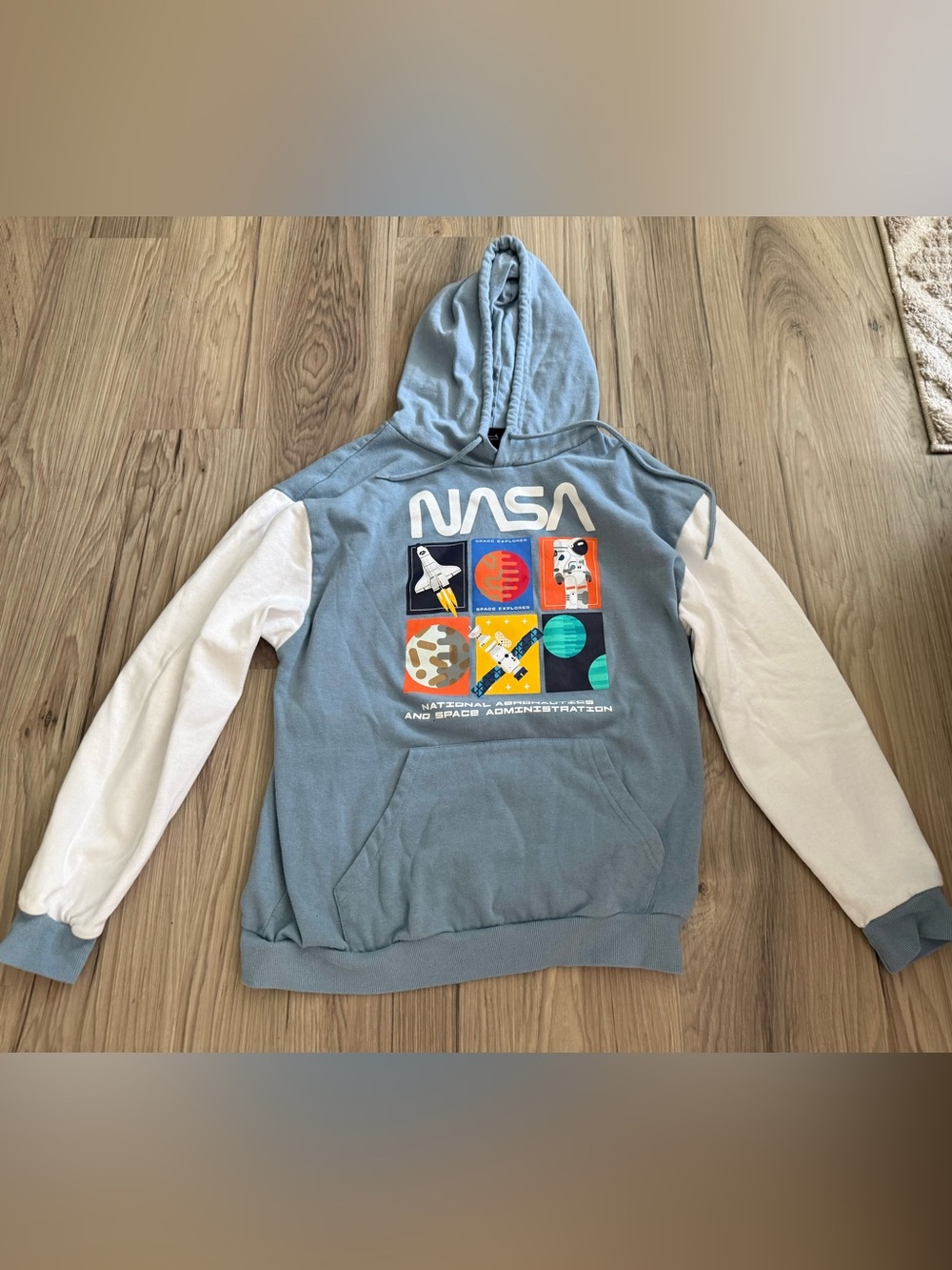Hyper Space NASA Graphic Hooded Sweatshirt in Dusty Blue White Sleeves Youth M